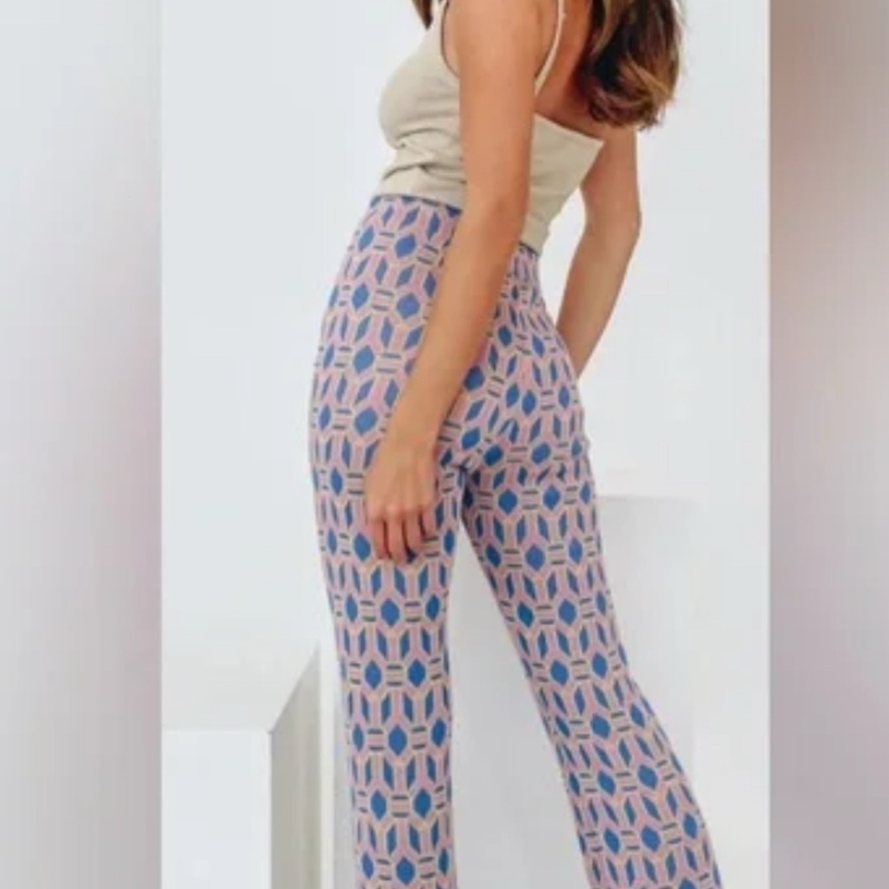 Zara Pink and Blue Geometrical Flared Leg Sweater Pants | Size Medium